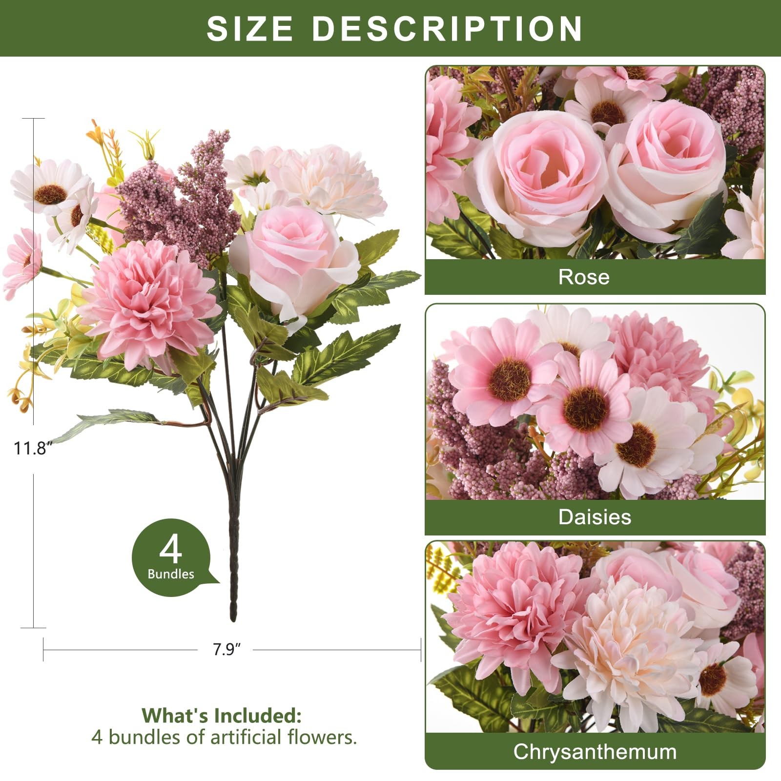Artificial Spring Faux Silk Chrysanthemum Rose Daisy Bouquets 4 PCS