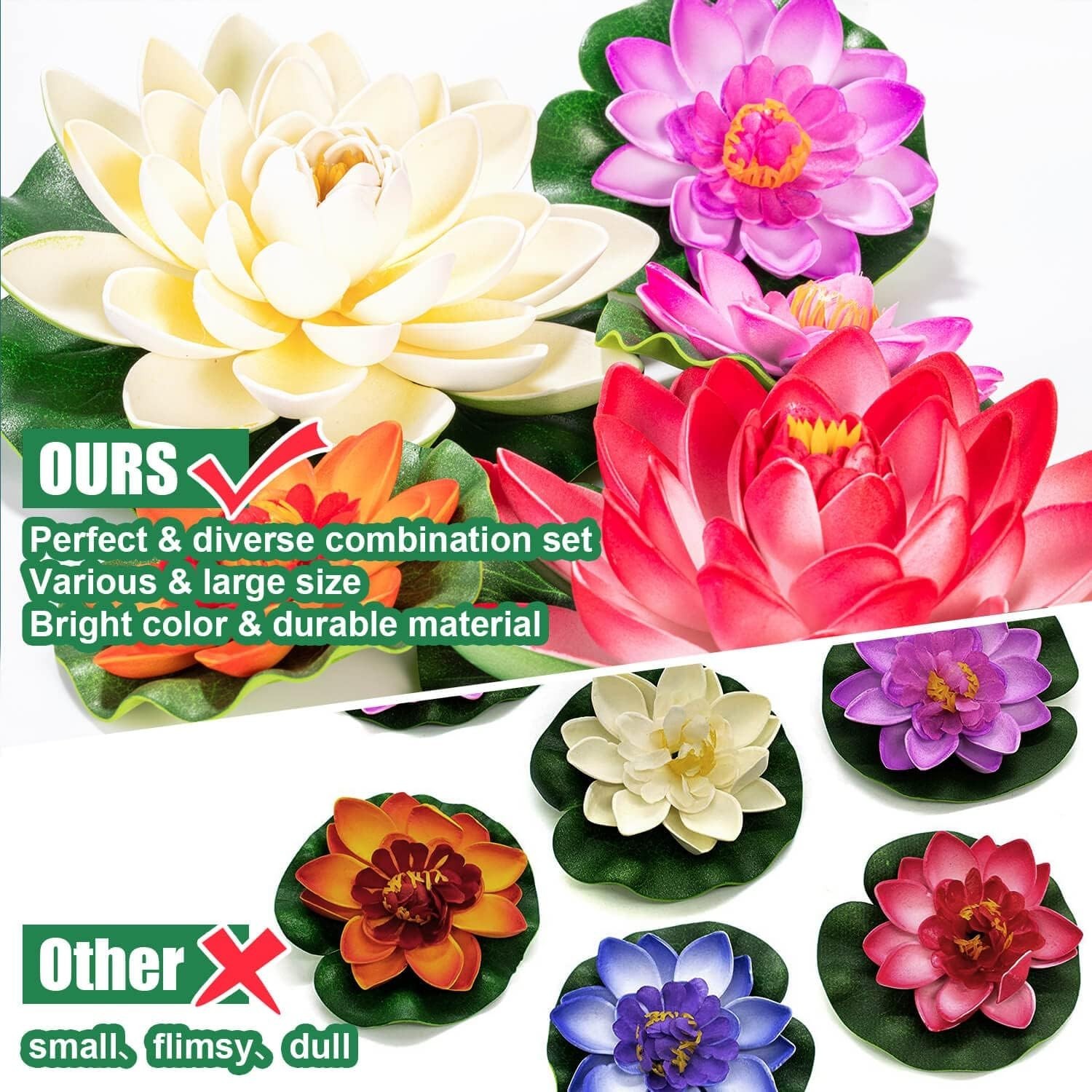 Artificial Lily Pads for Pond, 11in & 6in Artificial Flowers Floating Foam Lo…