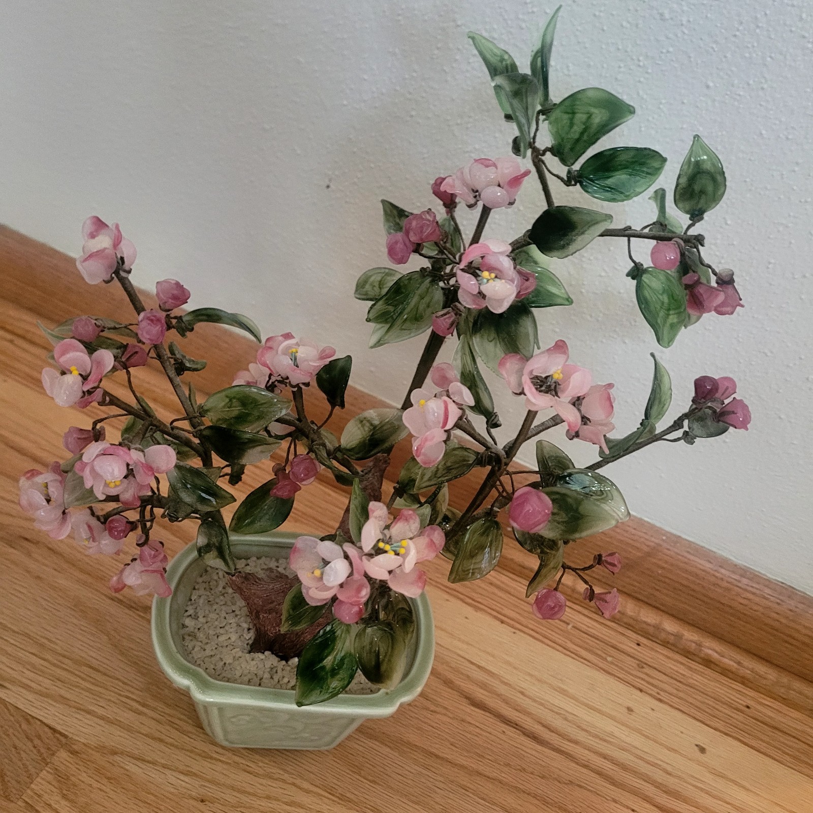 Vintage Chinese Glass Stone Jade Cherry Blossom Bonsai Tree Pink Flowers 14″