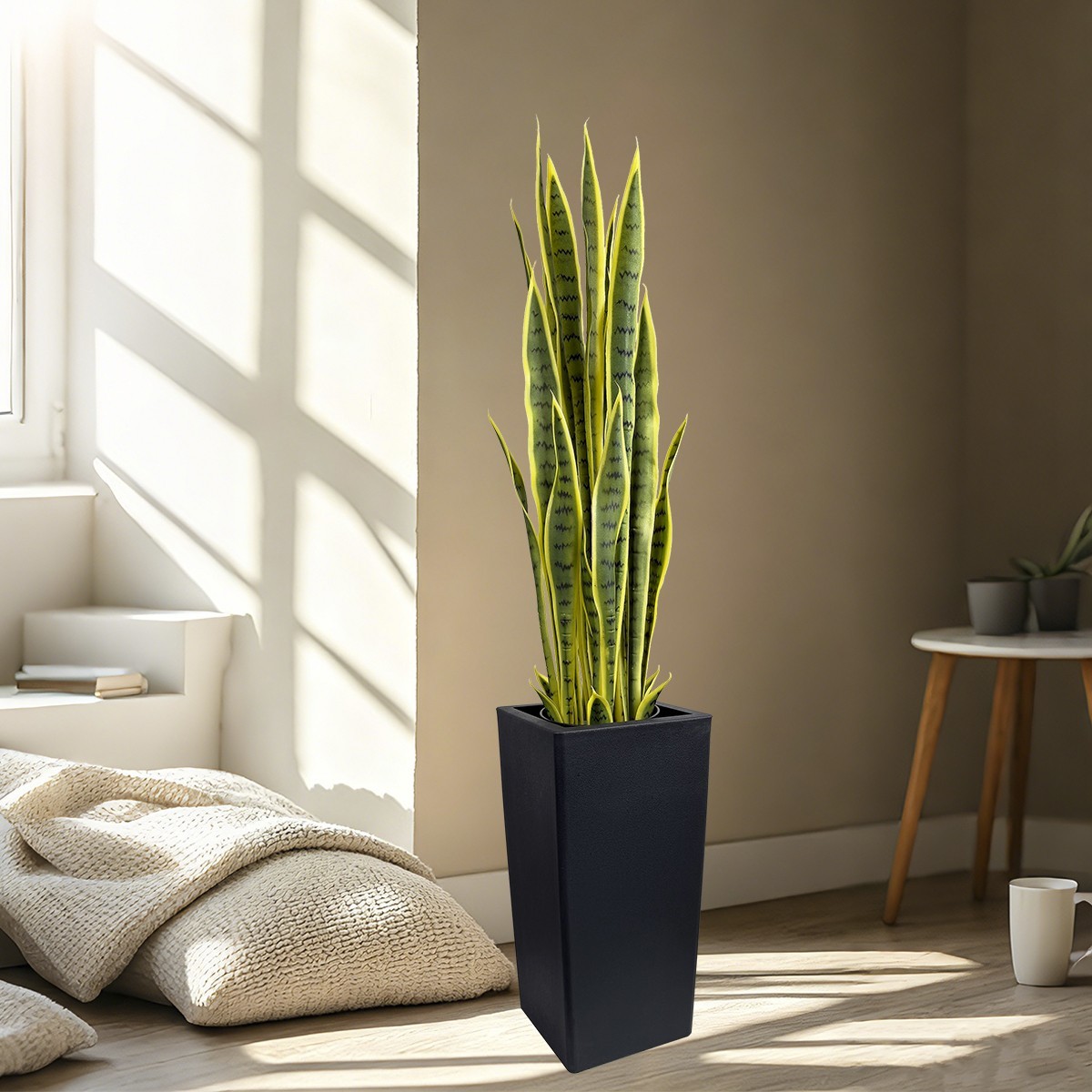 Artificial Snake Plant with Black Planter, Faux Sansevieria Floor Plant Decor