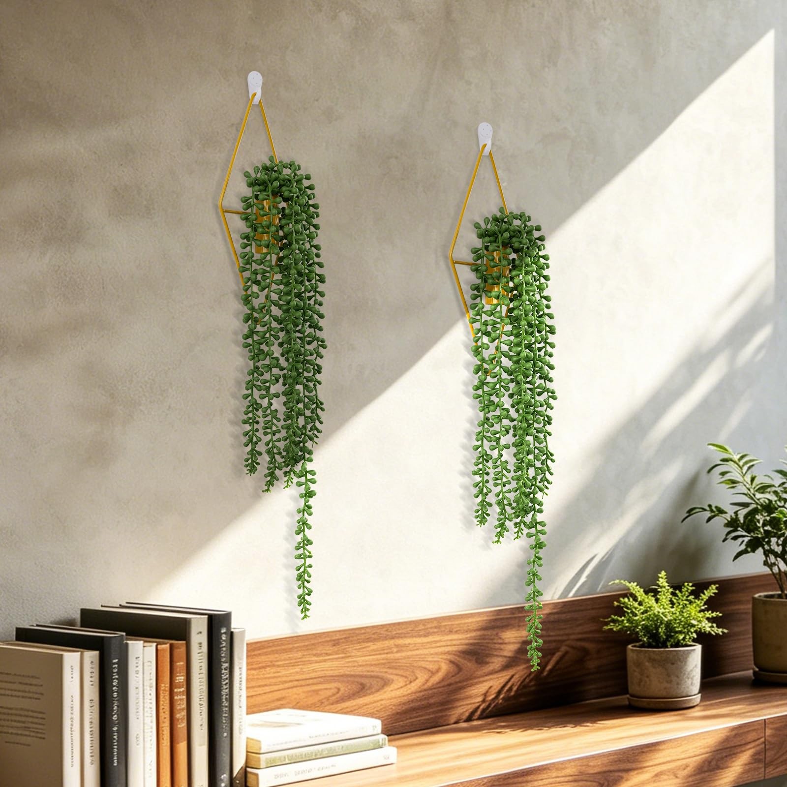 2 Pack Artificial Hanging Plants with Geometric Metal Wall Planter, Faux Stri…