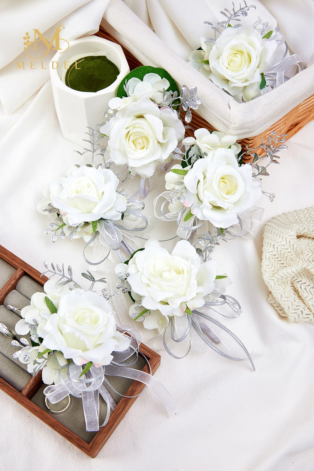 6 PCS White Boutonniere Men Groom Groomsman Wedding Suit Flower Silver Rose