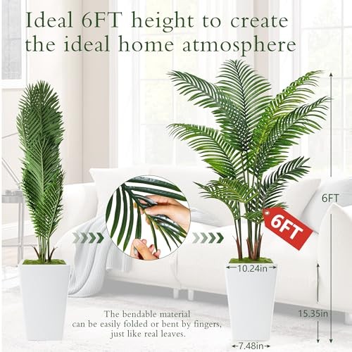 6FT Artificial Palm Tree, Tall Faux Palm Tree Indoor with Fake Plants White-6ft