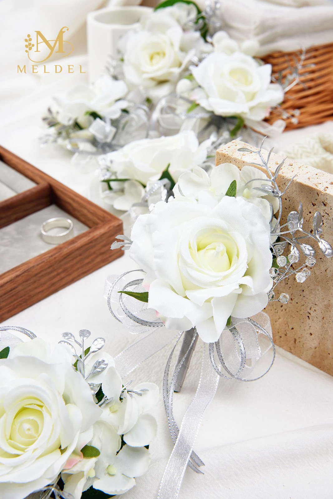 6 PCS White Boutonniere Men Groom Groomsman Wedding Suit Flower Silver Rose