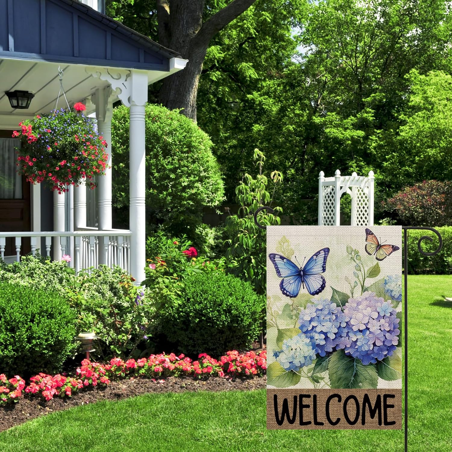 Welcome Hydrangea Floral Butterfly Decoration Double Sided Vertical Burlap Garde