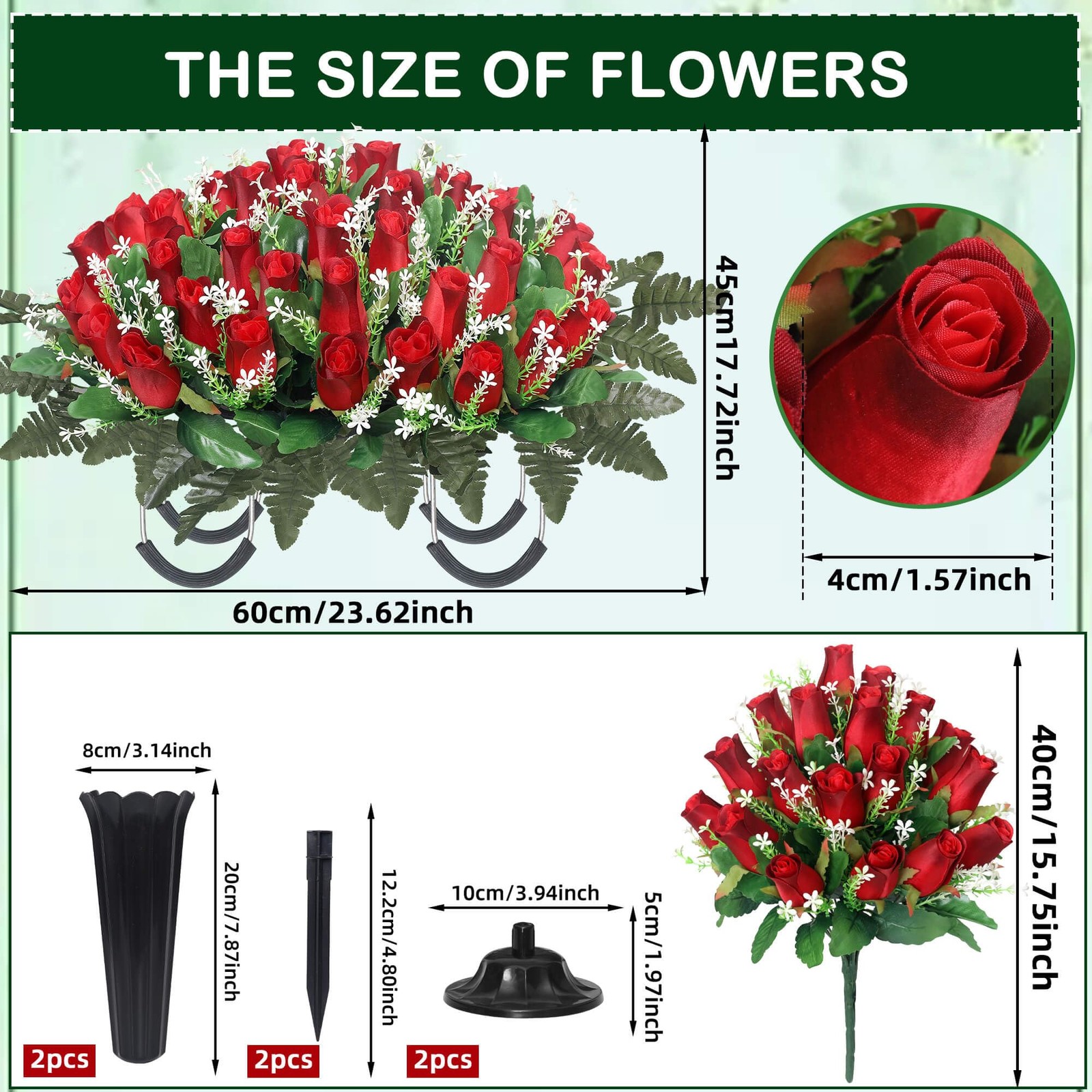 Cemetery Flowers for Grave,Headstone Flower Saddle with 2 Sets Grave Rose Flo…