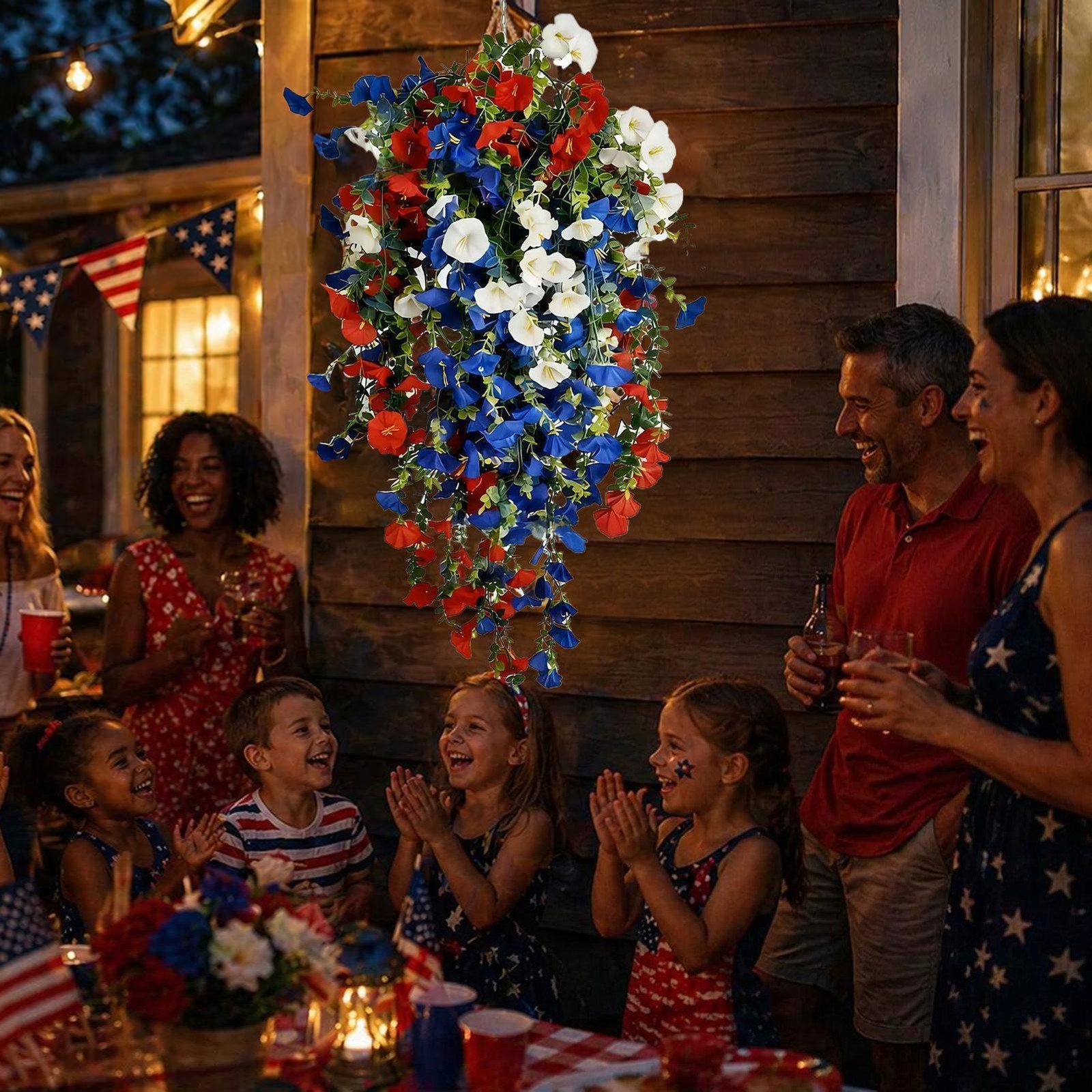 2026 Red White Blue Hanging Flowers Patriotic Faux Basket 4th July Porch Decor