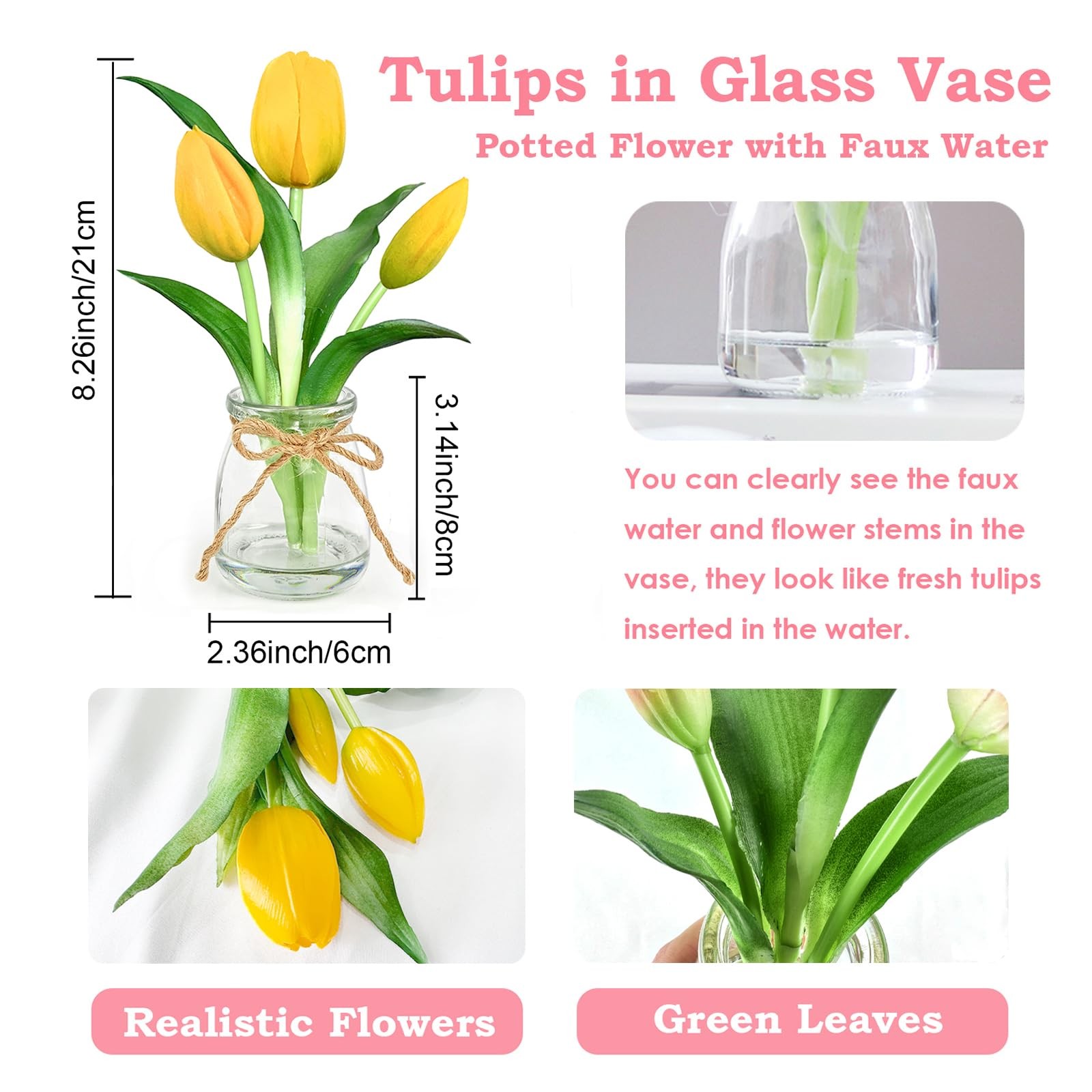 Tulips Artificial Flowers with Vase, Yellow Real Touch Tulips with Faux Water…
