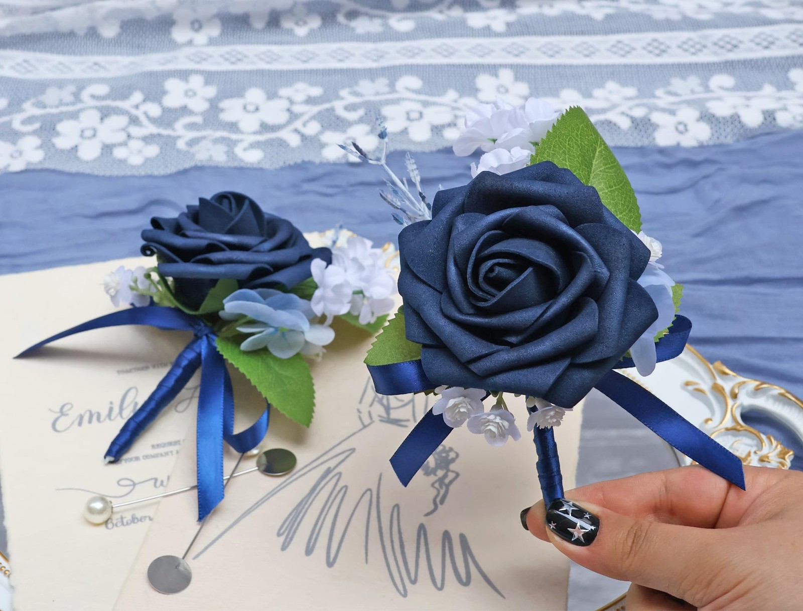 Dark Navy Blue Artificial Foam Rose Groom Groomsmen Boutonniere 2 PCS