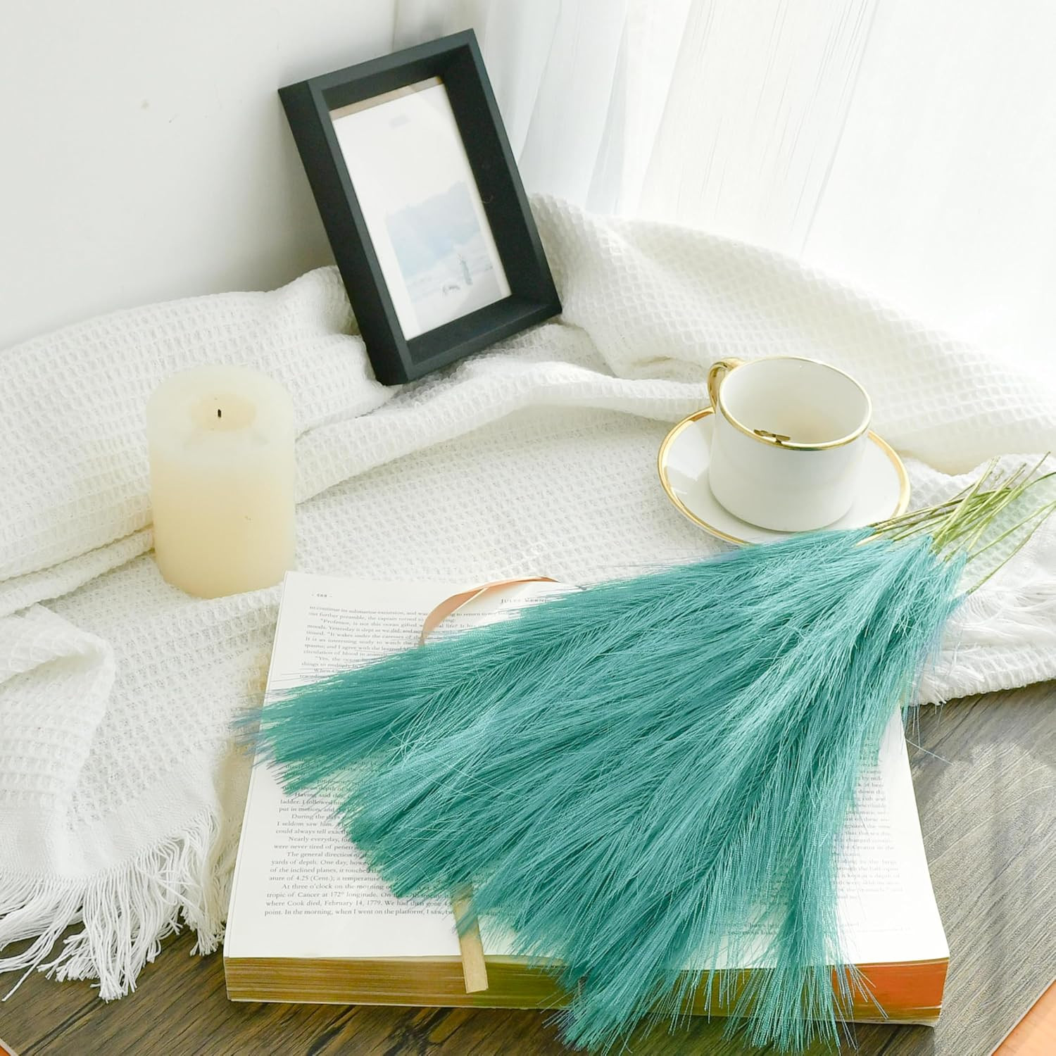 20 Stems Teal Silk Pampas Grass Bouquet | 17.7 Inch Fluffy Artificial Pampas wit
