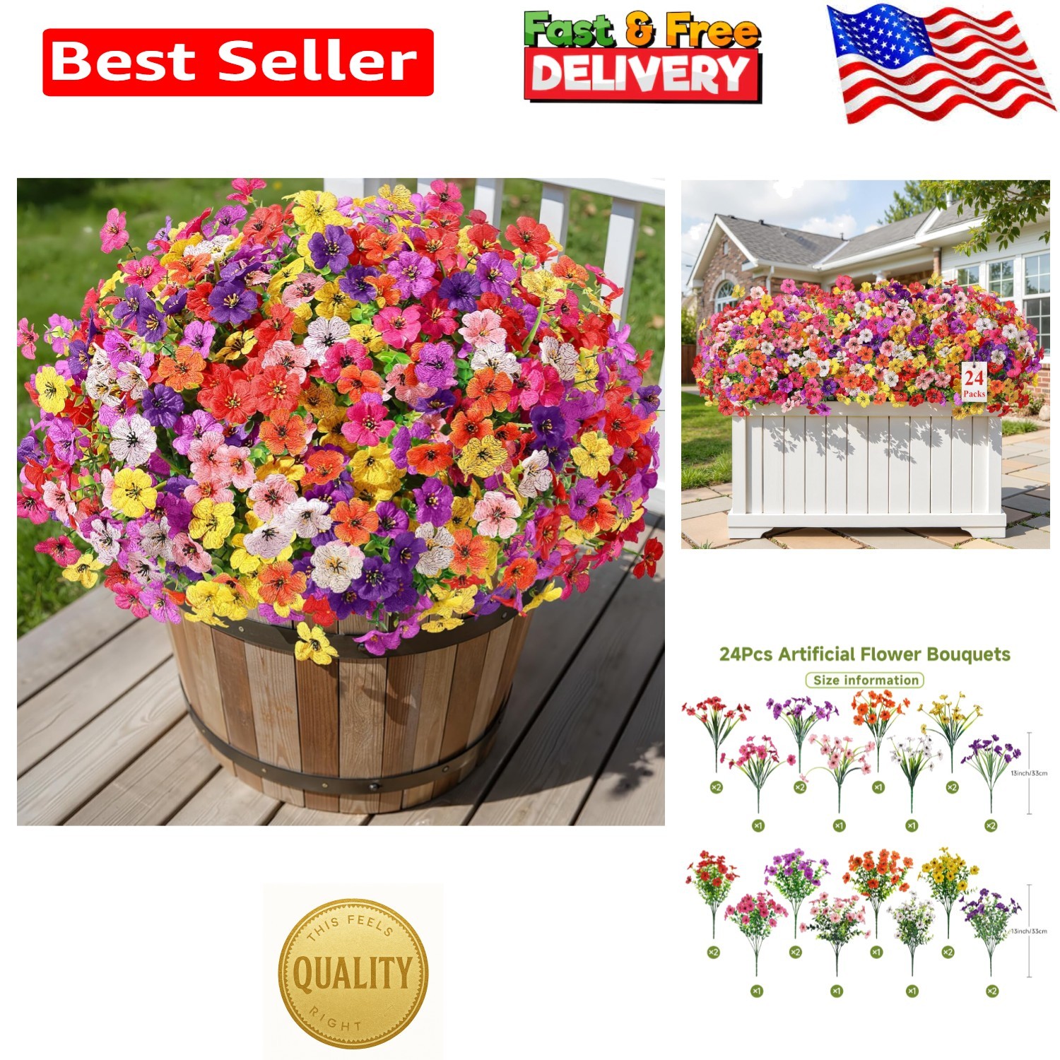 24 Bundles Artificial Flowers for Outdoors Decoration, UV Resistant Silk Faux…