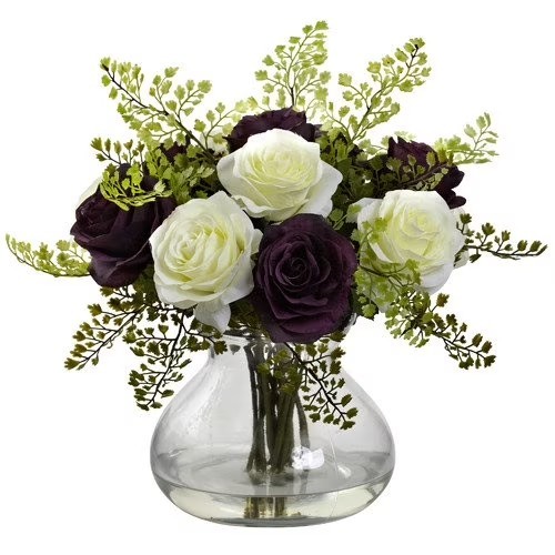 Artificial Rose & Maiden Hair Arrangement with Vase Peach Flowers
