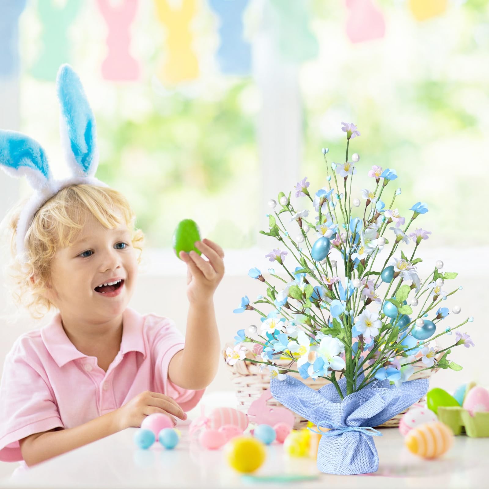 18 Inch Artificial Easter Blue Egg Flower Tree Tabletop Decorations Party