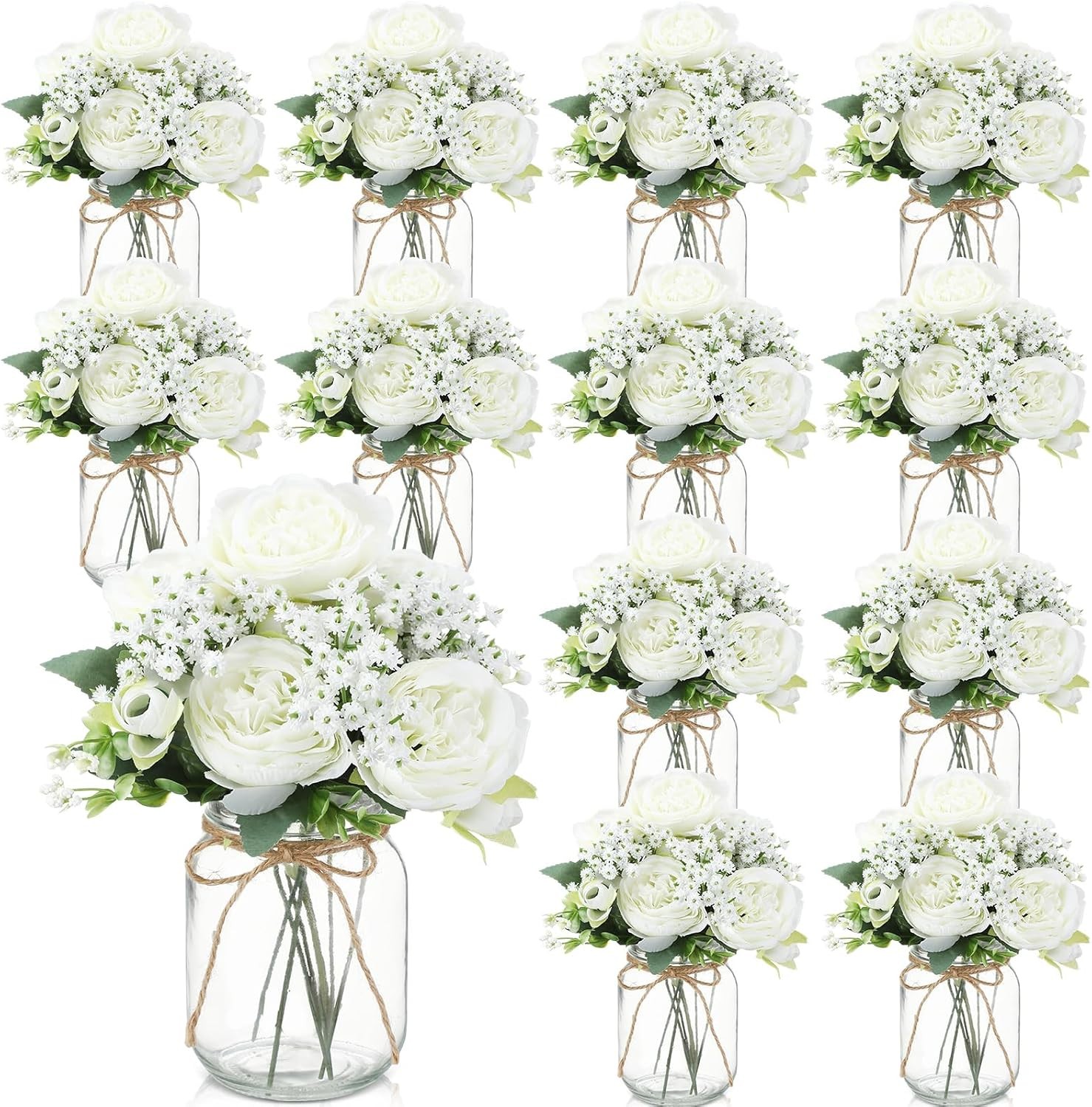 12 Sets Mason Jar Centerpiece Table Decorations Artificial Peony Baby’s Breath