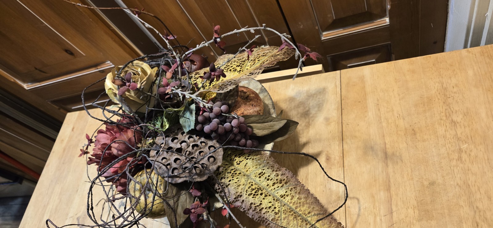Arrangement of Dried Fruits & Flowers Centerpiece Metal Compote 14WX14WX13″Tall