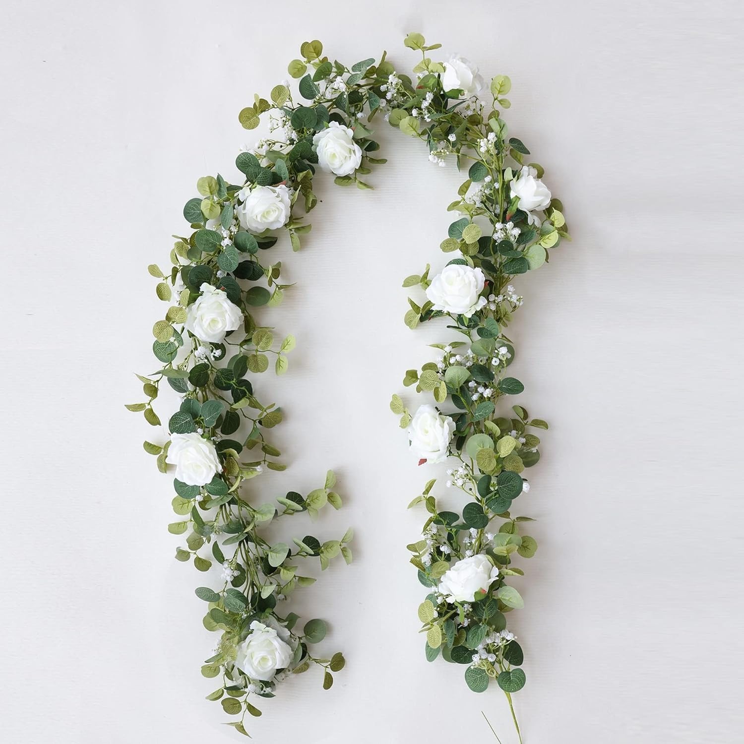 5.91FT Artificial Eucalyptus Garland with Flowers, Fake Flower Rose Gypsophila,
