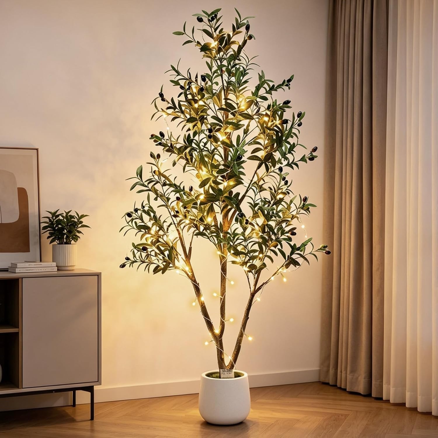 6FT Artificial Olive Tree Indoor with Lights & Planter, Realistic Faux Olive …