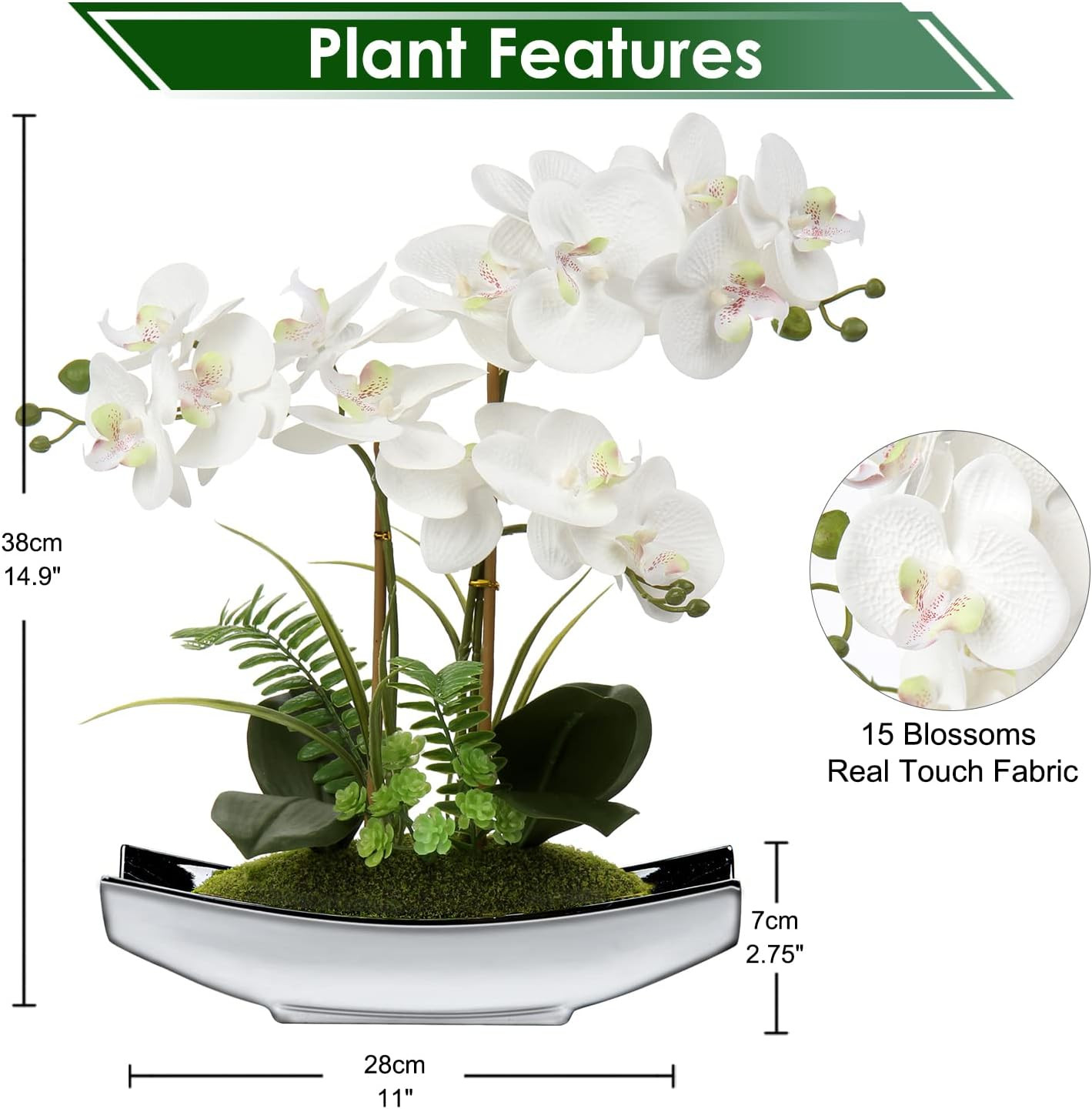 15″ White Phalaenopsis Orchid in Silver Pot – Real Touch Faux Flower Decor