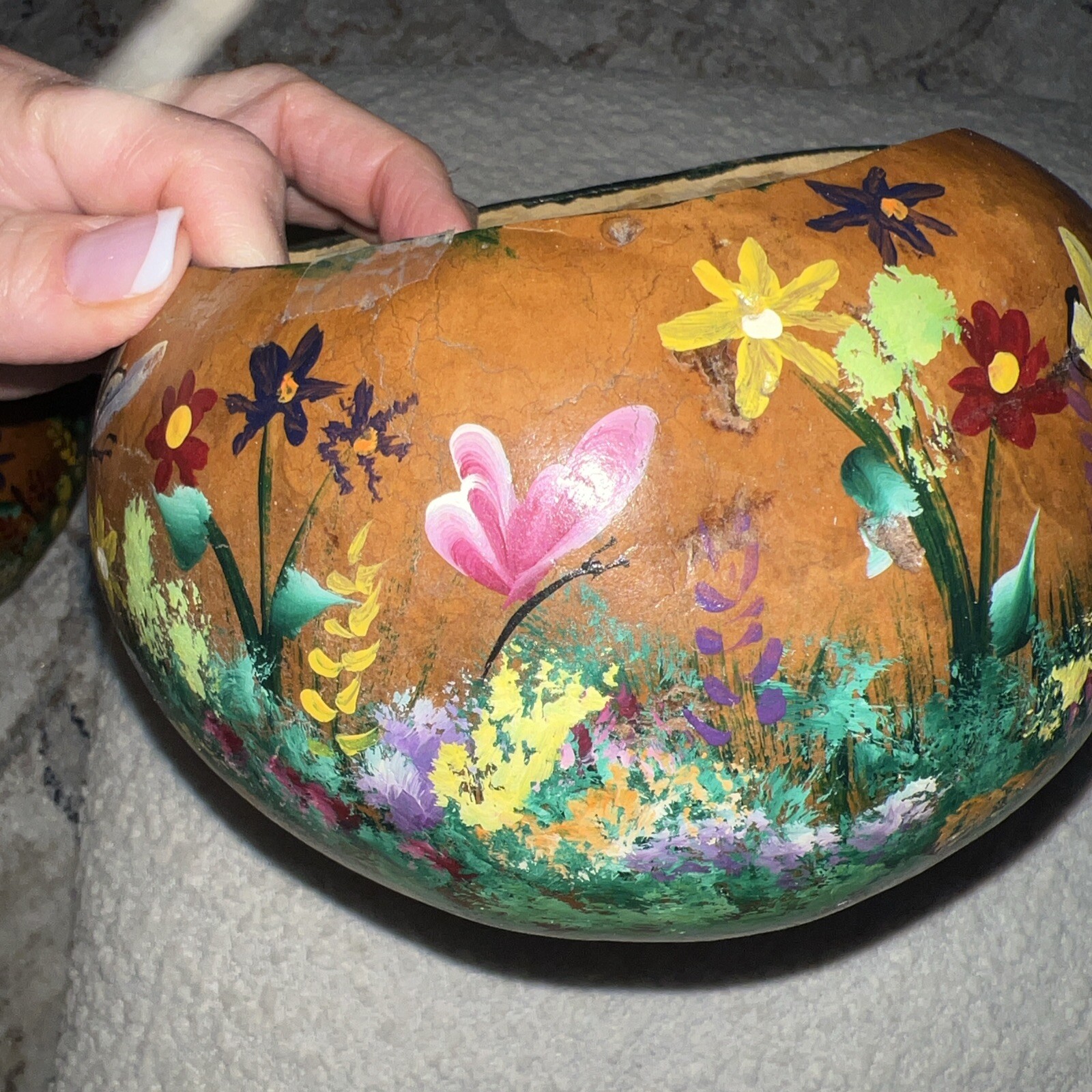 Hand Painted Gourd Bowls Lightweight Floral Butterflies Cottage About 7×5” SET