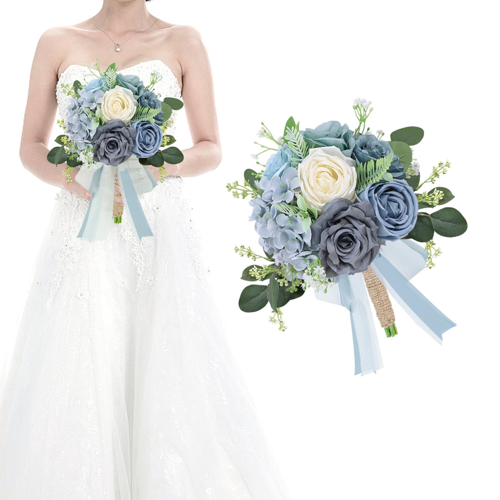 Bridesmaid Bouquets Wedding 1 Pack 9 Inch Artificial Flowers Dusty Blue White