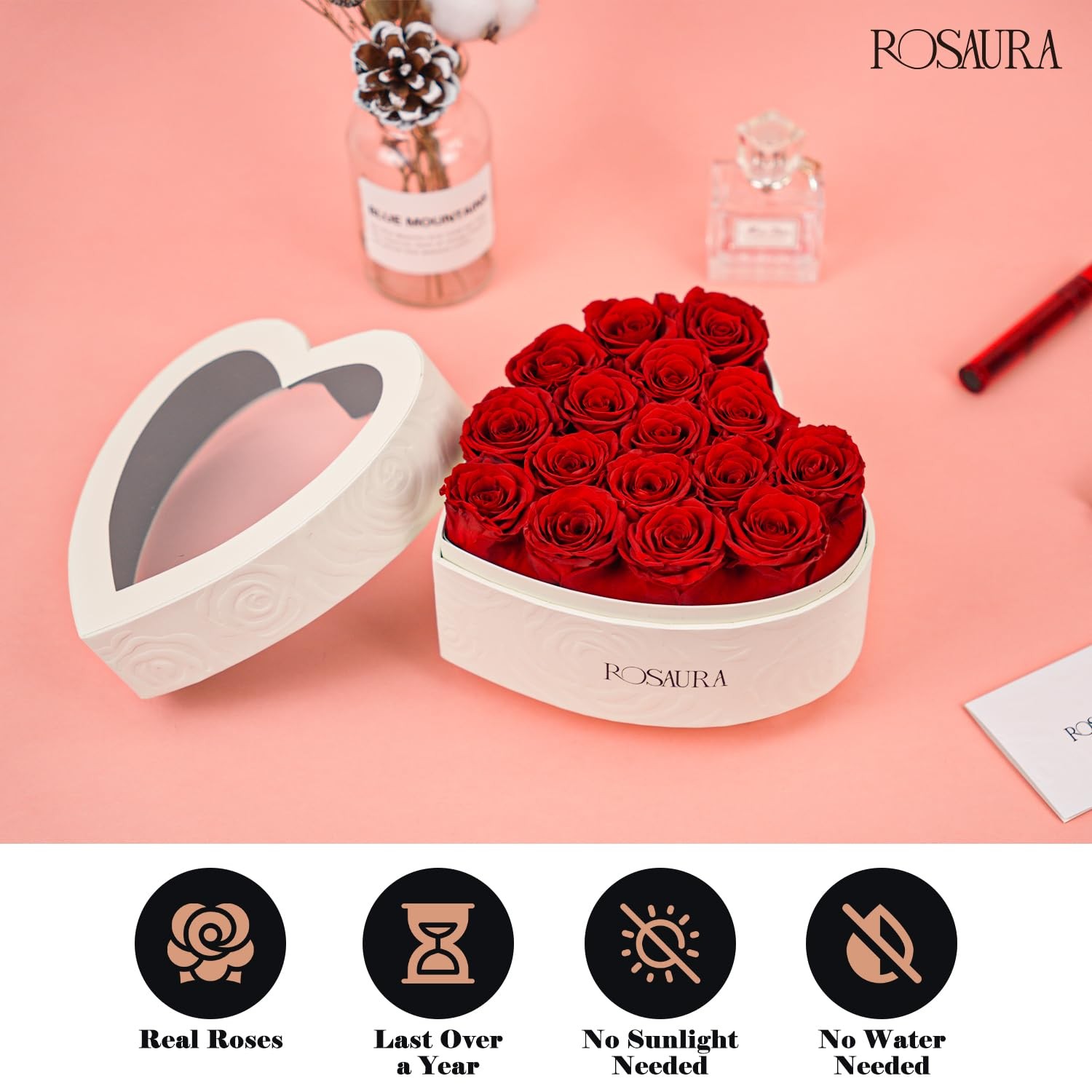 16 PCS Heart Shaped Preserved Red Roses Gift Box Real Forever Flowers Decor