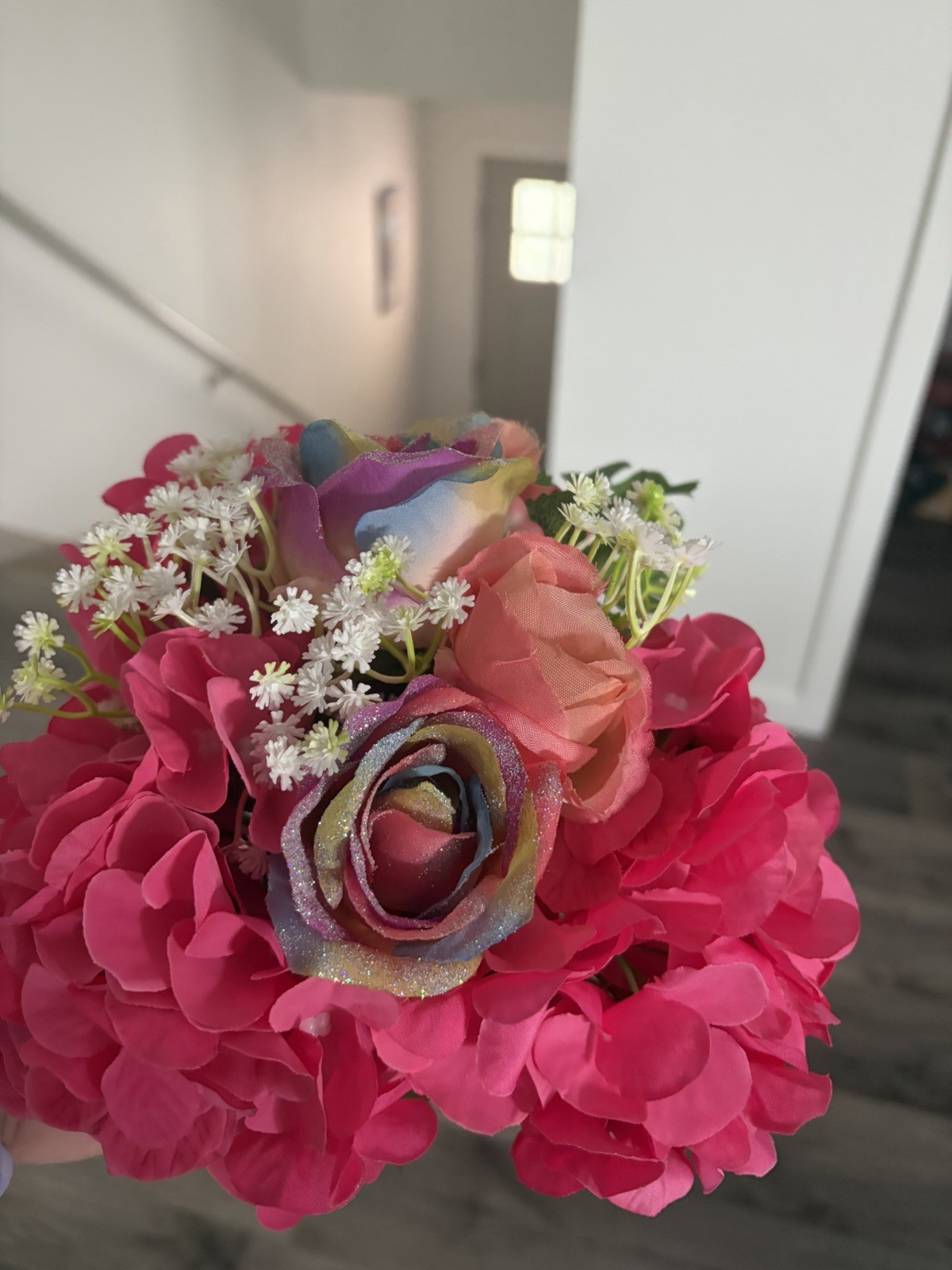 Artificial Pink Rose & Hydrangea Flower Bouquet Arrangement Centerpiece