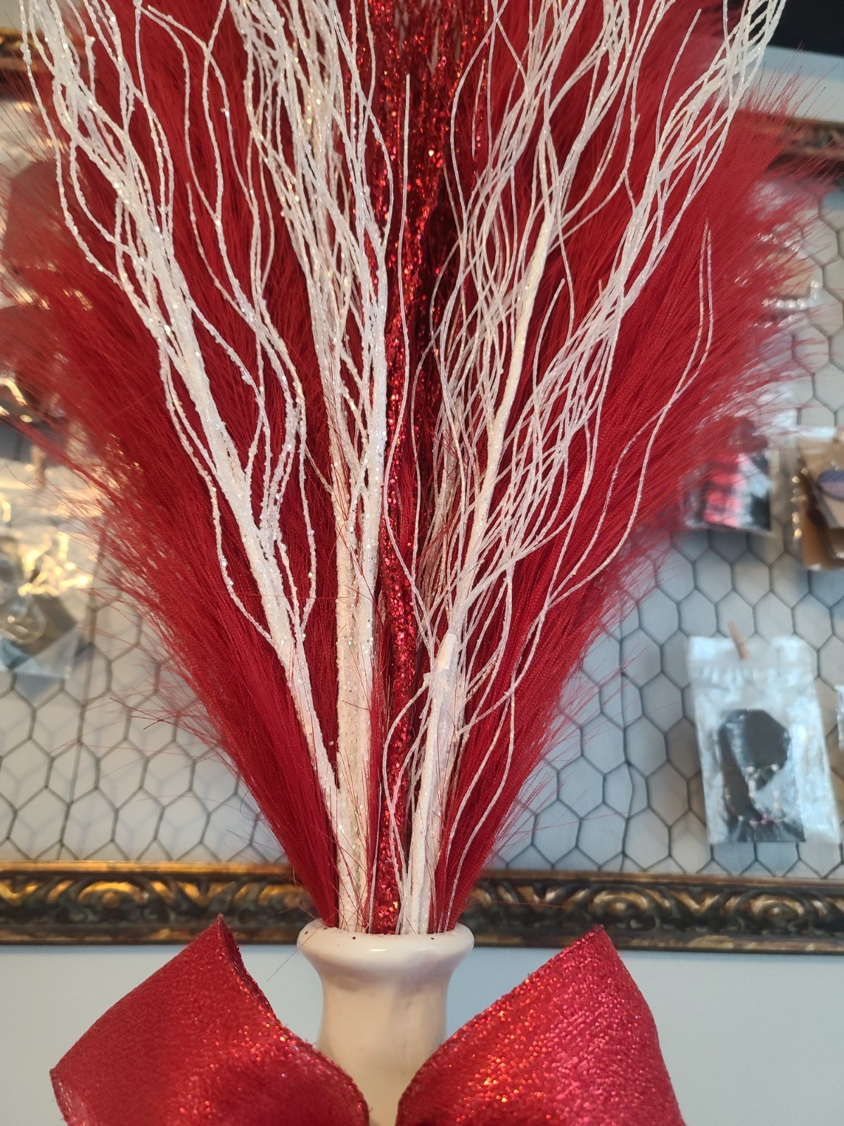 Red & White Christmas Pampas Arrangement in Ceramic Vase | 58″ Holiday Decor