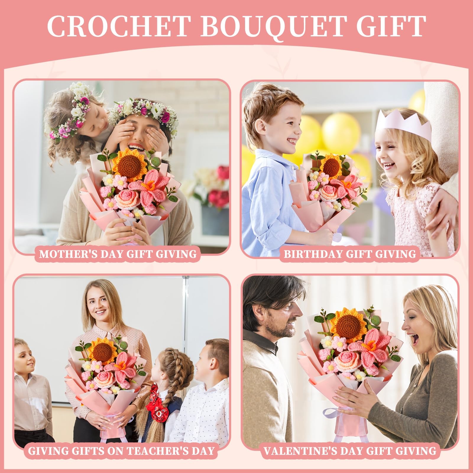 Crochet Flower Bouquet, Handmade Knitted Flowers, Crochet Sunflower Bouquet f…