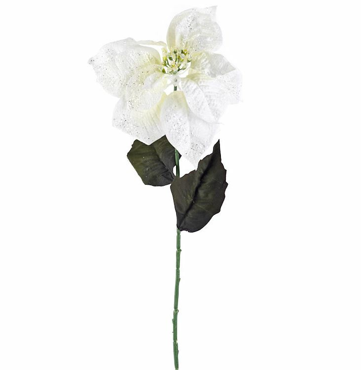 12 ARTIFICIAL FAUX VELVET GLITTER WHITE/GREEN POINSETTIA STEMS PICKS CHRISTMAS