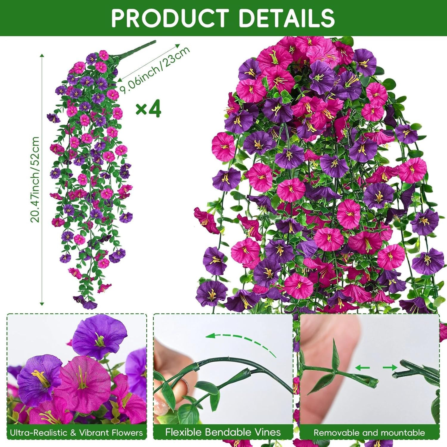 4PCS Artificial Morning Glory Vines UV Resistant Hanging Flowers Outdoor Decor