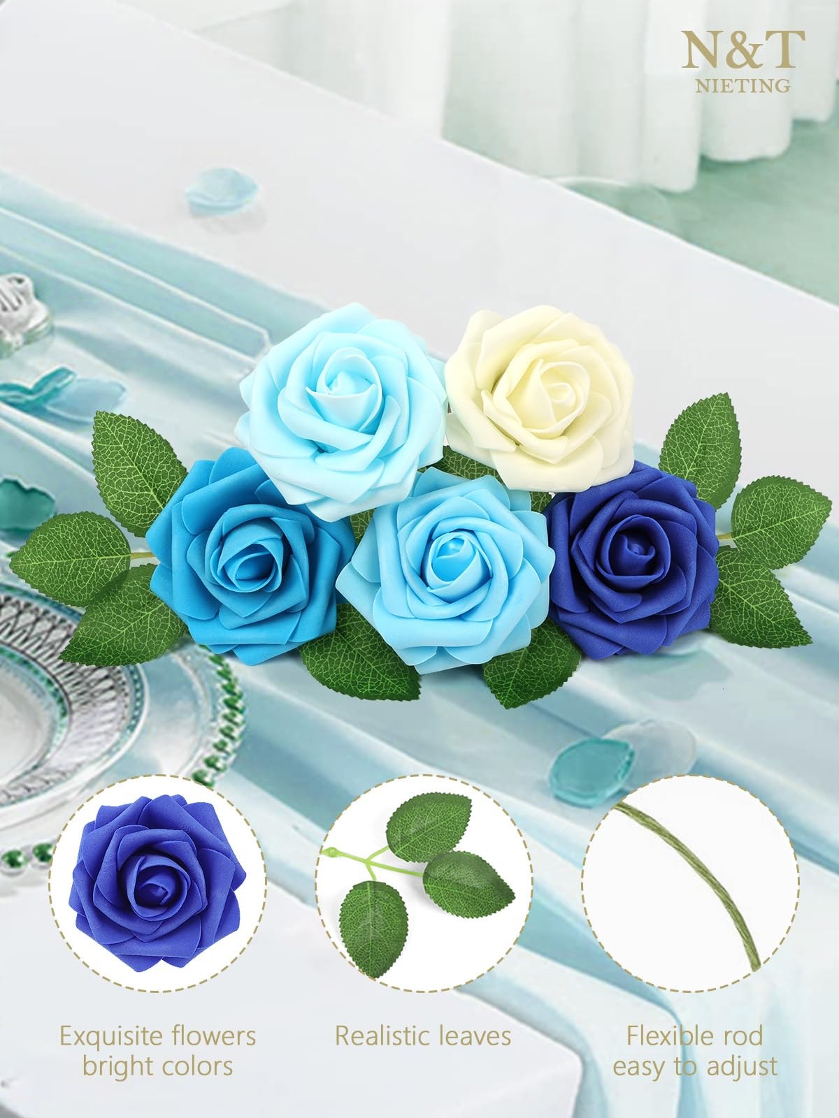 Blue Roses Artificial Flowers 25 PCS Fake Silk Bouquet Wedding Centerpiece