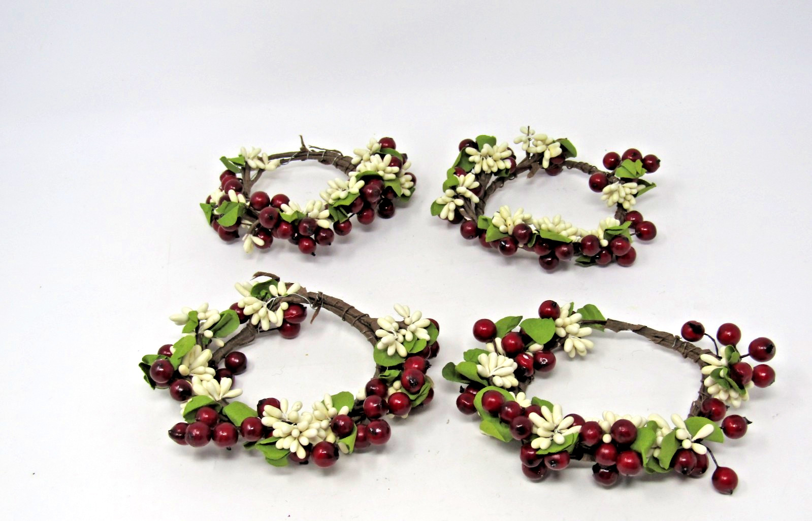 Red Green and White Faux Berries Candle Ring Wreath 2.5″ Opening Lot of 4