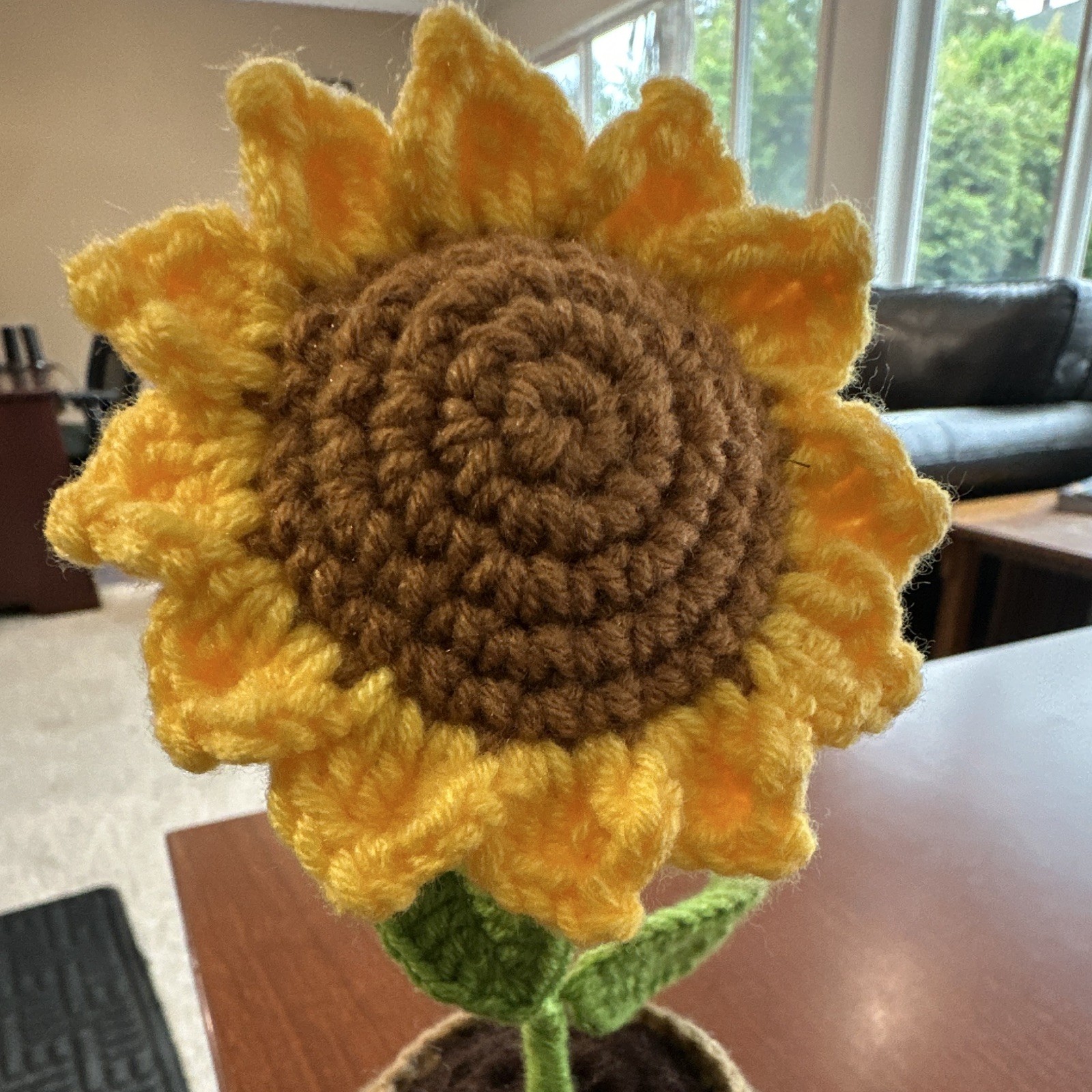 Artificial Crocheted Yarn Sunflower Flower Pot, Yellow Brown Green Gift