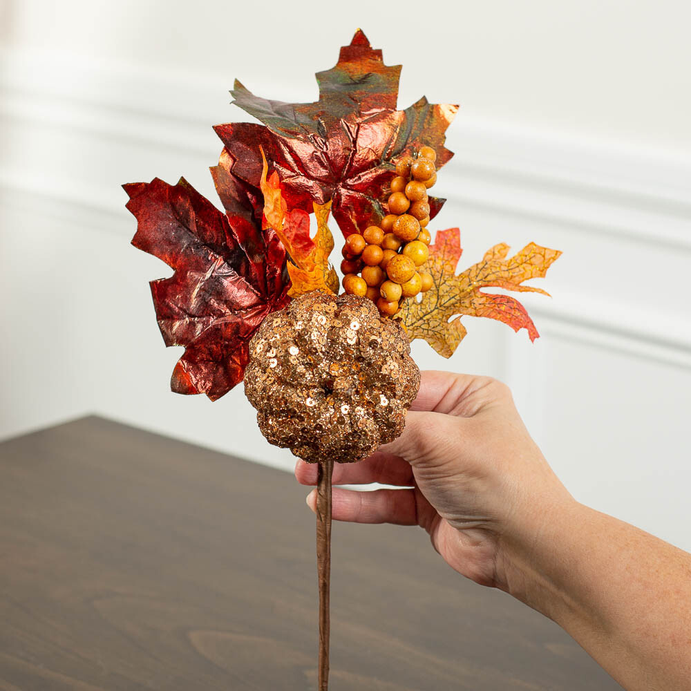 Set of 4 Glitzy Artificial Fall Pumpkin and Maple Leaf 12″ Floral Sprays