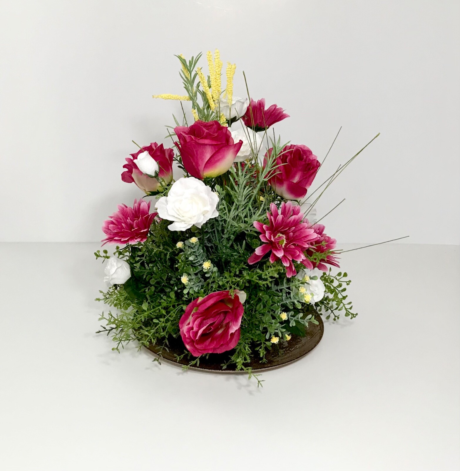ELEGANT PINK WHITE ROSES LARGE FLORAL ARRANGEMENT CENTERPIECE GLASS PLATE NEW