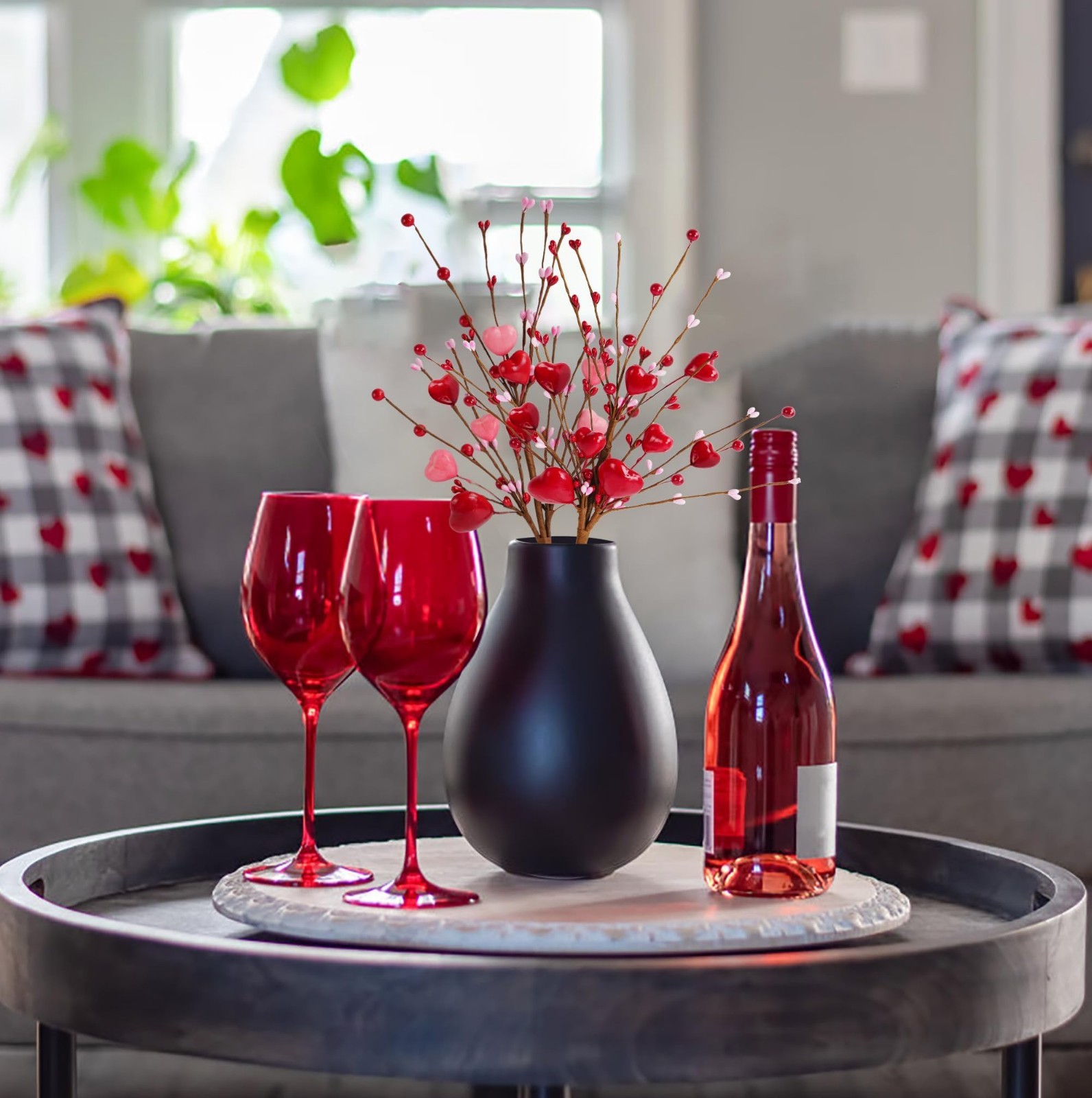 Valentine’s Day Decorations – 6 Pcs Heart Picks with Red Pink Flowers & Berries