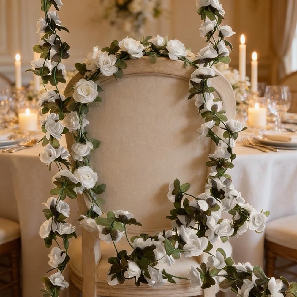 2 Pack 16 feet Artificial White Rose Vine Garland Wedding Decor Floral Hanging.