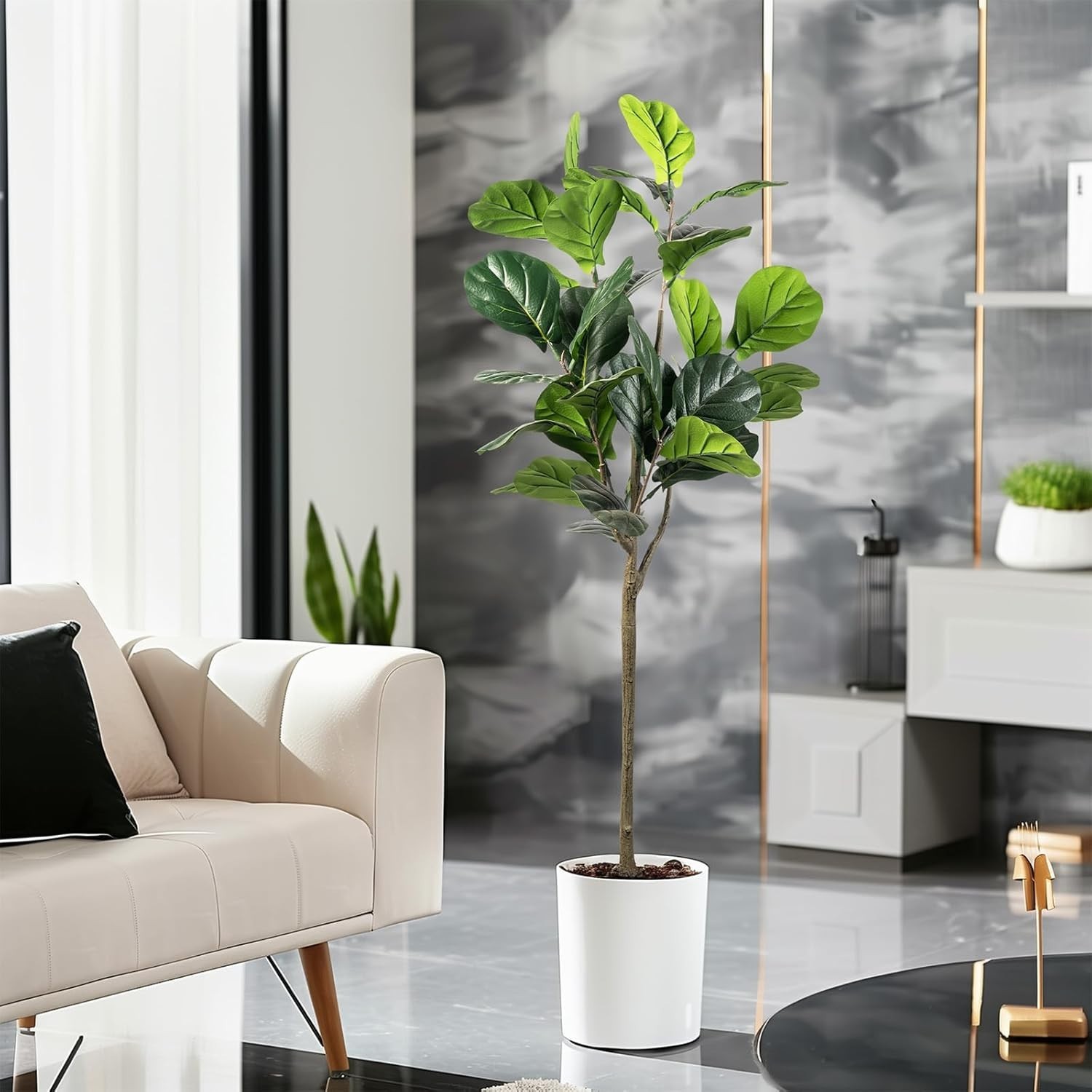 Artificial Fiddle Leaf Fig Tree, 5FT Faux Ficus Lyrata Plant Tall Fake Tree