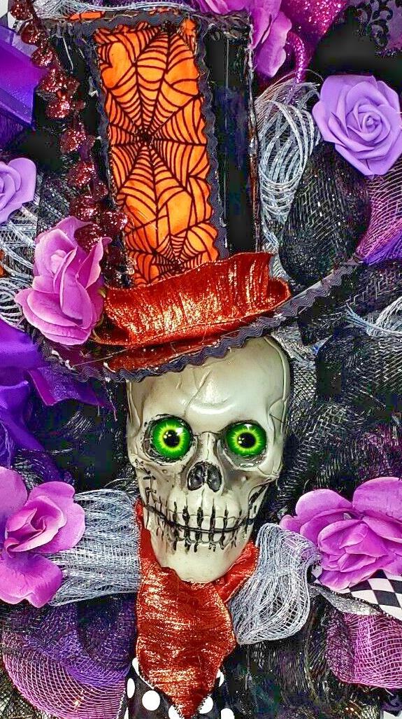 Halloween Wreath Decoration Large Deco Mesh Skull Top Hat Front Door Decoration