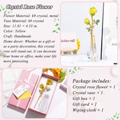YWHL Handmade Yellow Rose Flower Crystal Figurine with Vase, Bouquet Glass Fl…