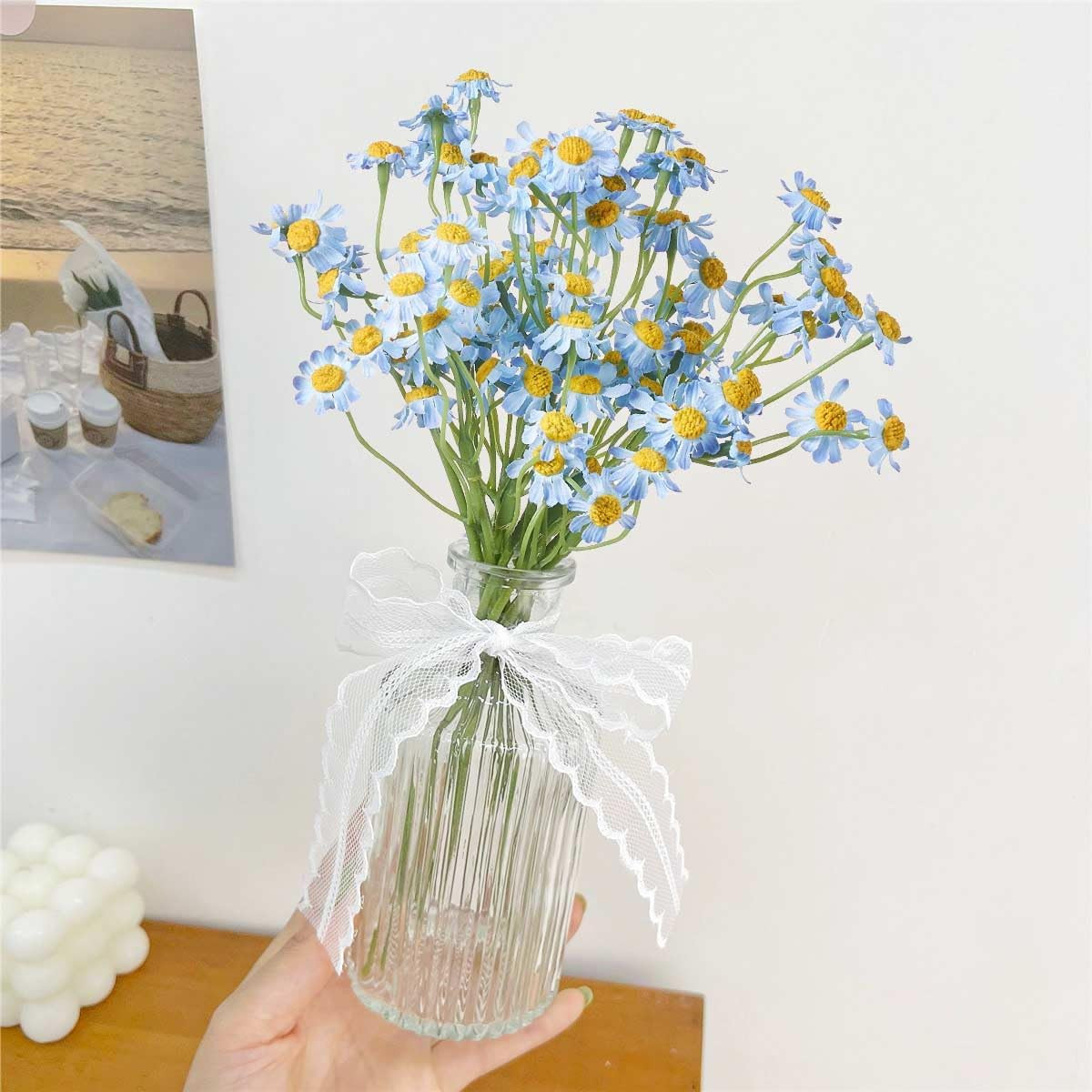 Small Artificial Blue Daisy Flowers – 2 Bouquets (12 Stems), 10 Inch Fake Dai…