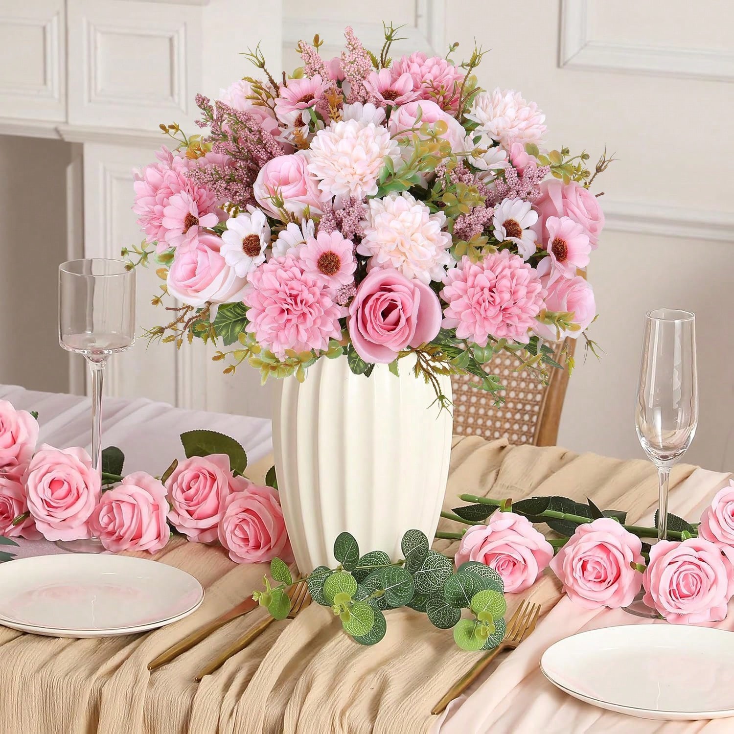 Pink Artificial Silk Flower Bouquet One Size For Home Wedding Decor