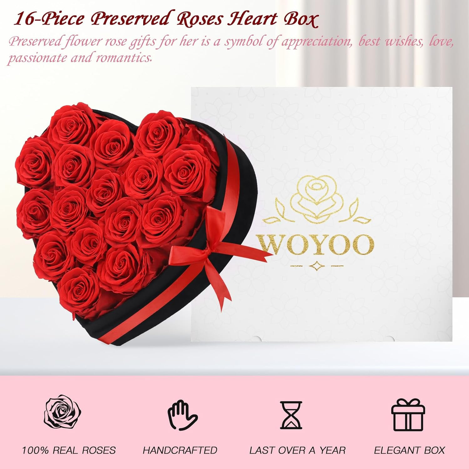 Luxury Forever Real Roses in Suede Box – 16-Piece Preserved Flowers Roses Gifts