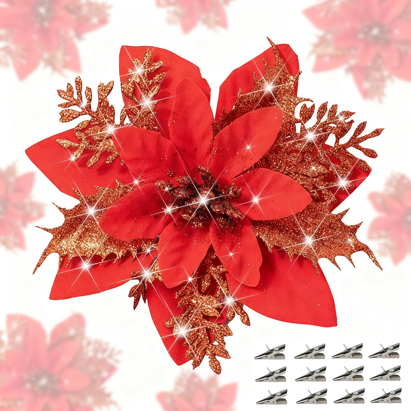 24 PCS Christmas Artificial Poinsettia Flowers 5.9 Inch Glitter Clips Red