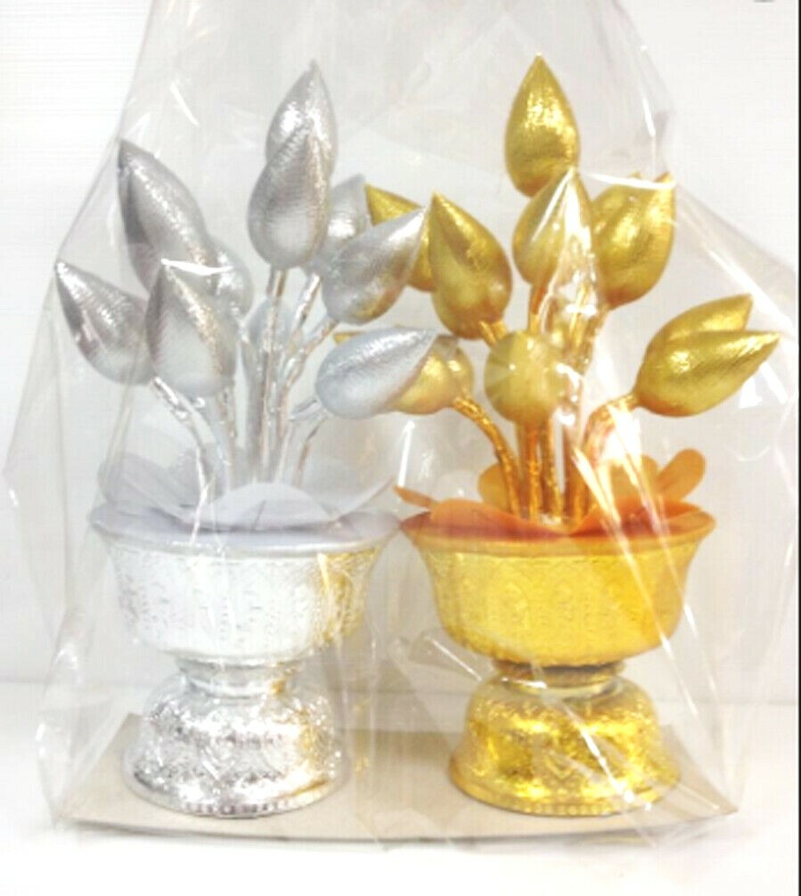 Thai Buddha Worship Phan Dhog Silver&Gold Lotus Offering Pedestal Small 2Pcs DHL