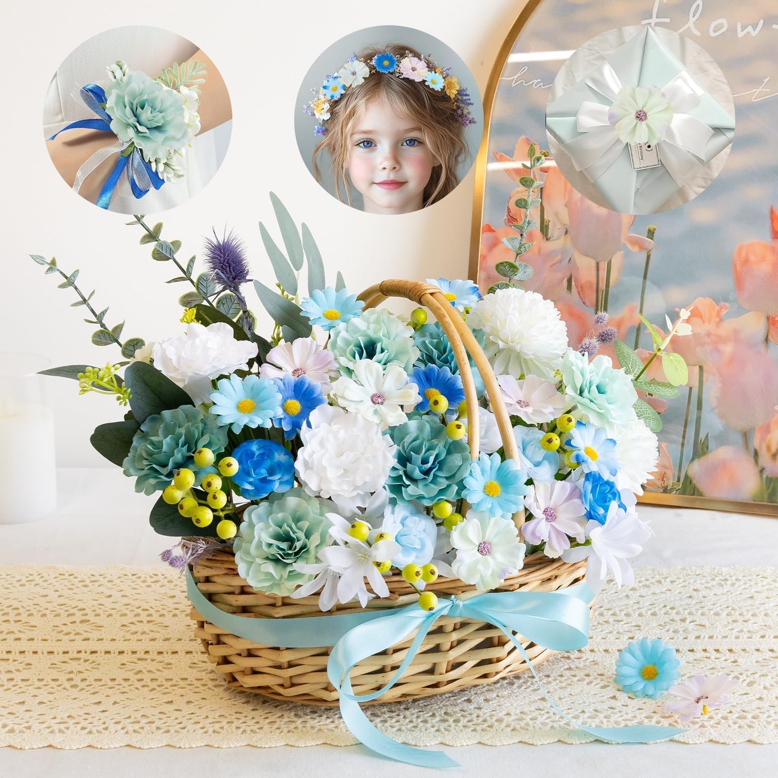 310 PCS Blue Mini Fake Flower Heads Artificial Silk Daisy Buds Floral DIY Craft