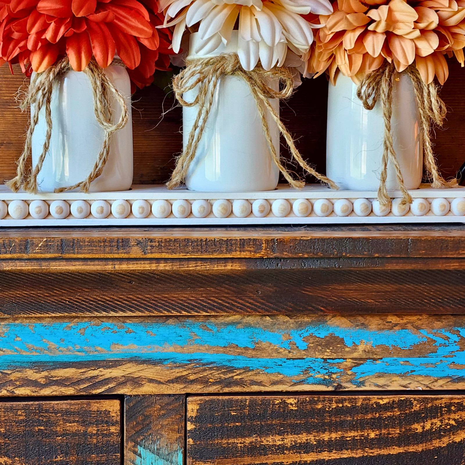 Fall Dahlia Floral Centerpiece – Vase Trio on Wood Tray – Farmhouse Table Decor