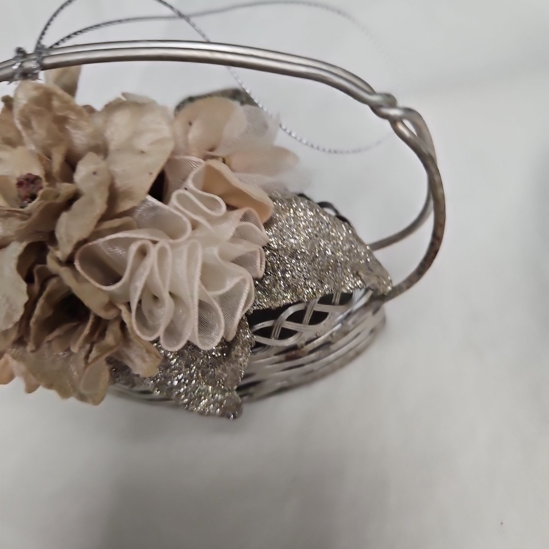 Silver Metal Flower Basket with Beaded Leaves & Velvet Flowers