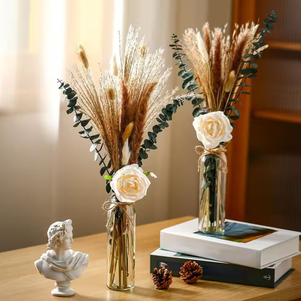 5.35 In. White Artificial Plant Dried Pampas Grass Centerpiece Set with Eucalypt