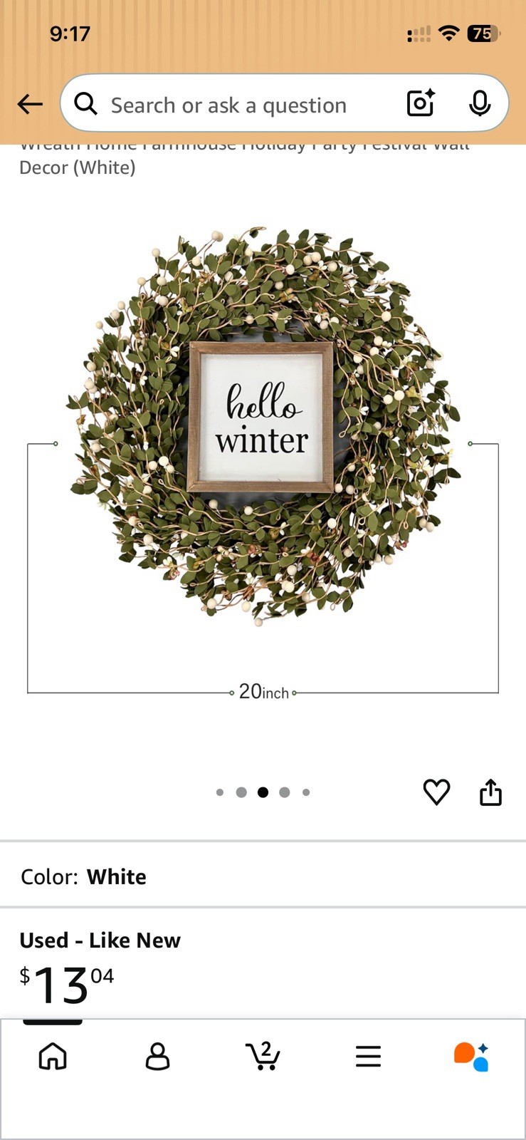 TEMPUS 20″ Wreath Artificial Berries Greens Wreath with Winter Sign. White